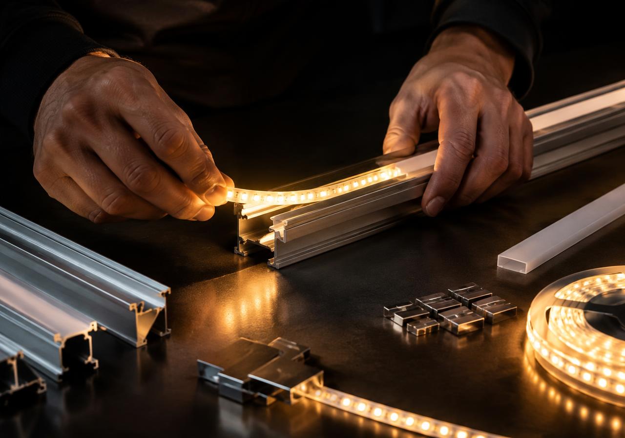 Perfis e fitas de LED sendo montados sob medida
