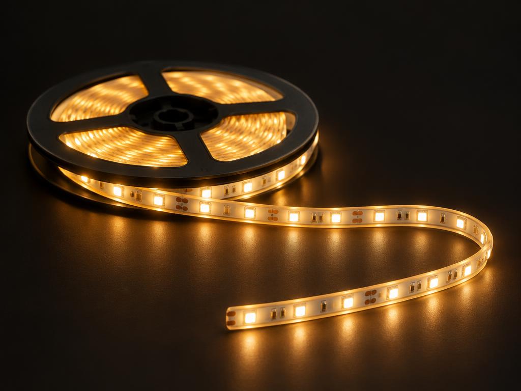 Rolo de fita de LED parcialmente desenrolado, aceso em luz quente