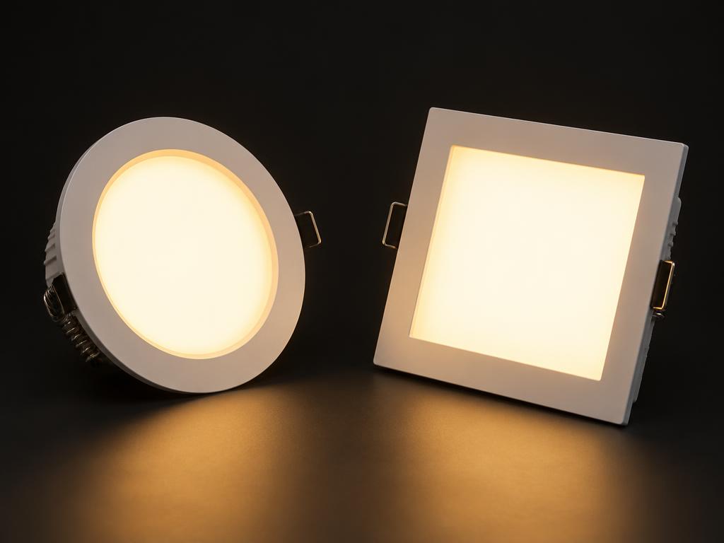 Spot de embutir redondo e painel quadrado de LED acesos