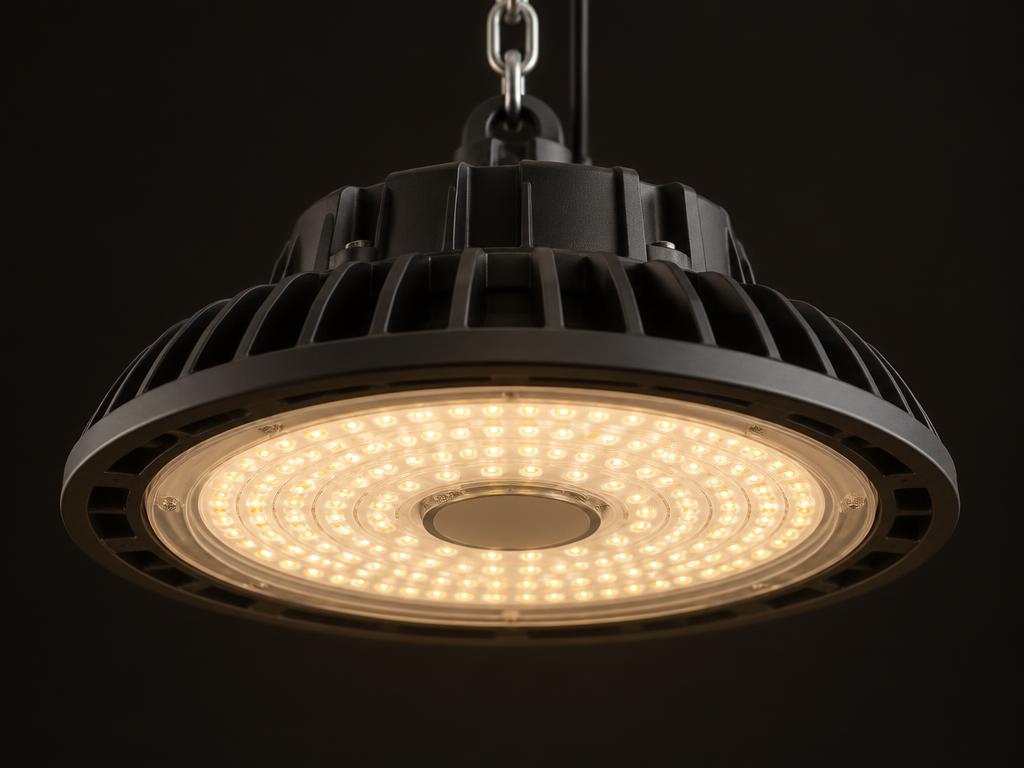 Luminária LED industrial high bay acesa, vista de baixo