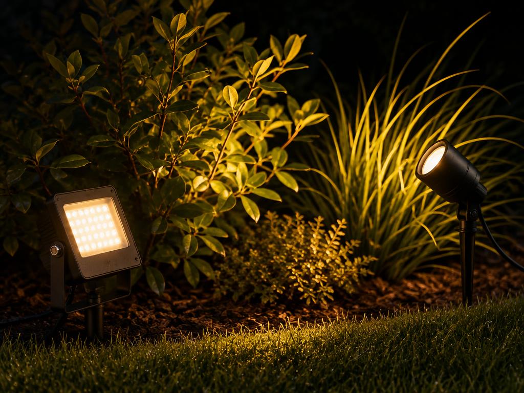 Refletor LED e espeto de jardim iluminando folhagens à noite