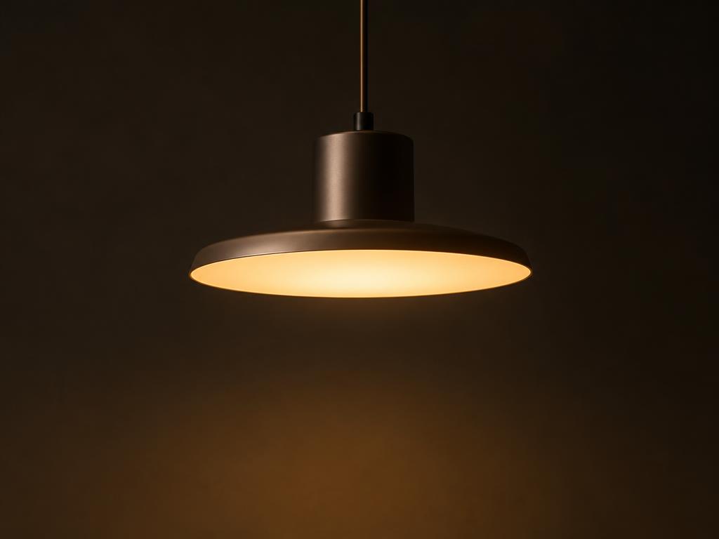 Pendente moderno de LED com luz quente em ambiente escuro