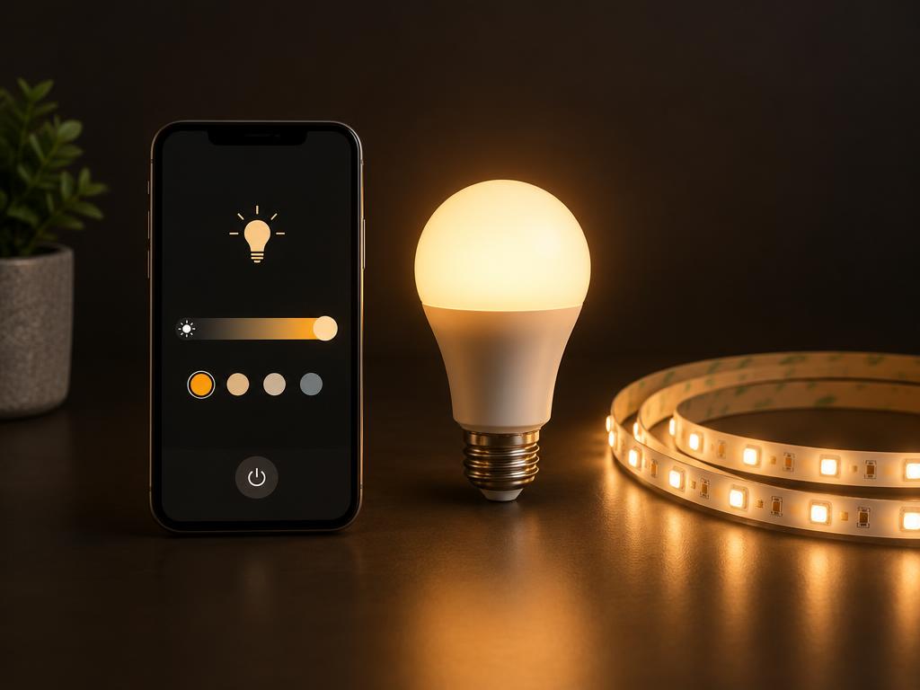 Celular com controle de luz ao lado de lâmpada e fita de LED acesas