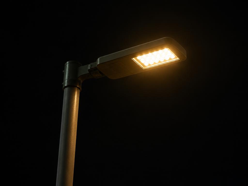 Luminária pública LED acesa no topo de um poste à noite